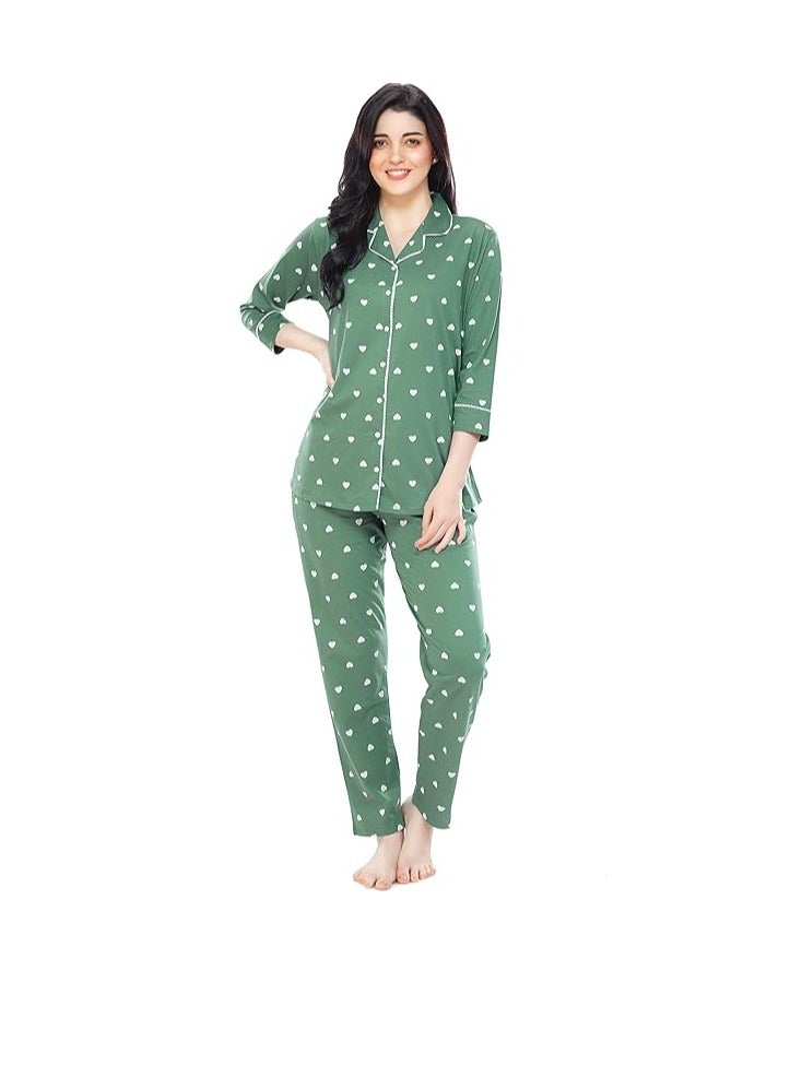 Accessorize Kingdom Women's Cotton Heart Printed Night Suit Set Of Shirt & Pajama Set  - Image 1