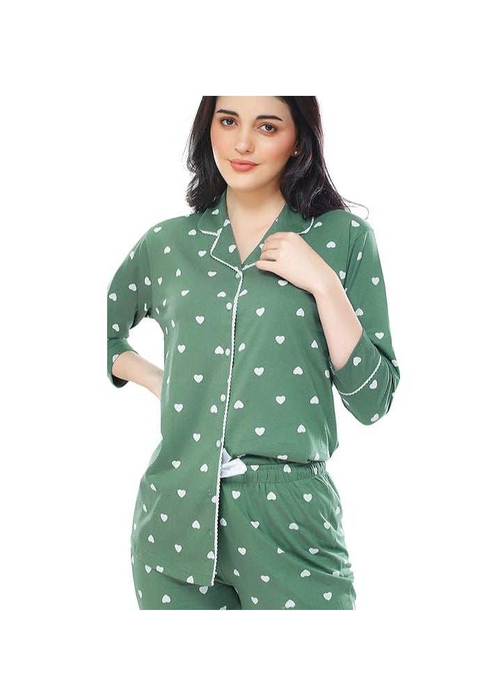 Accessorize Kingdom Women's Cotton Heart Printed Night Suit Set Of Shirt & Pajama Set  - Image 2