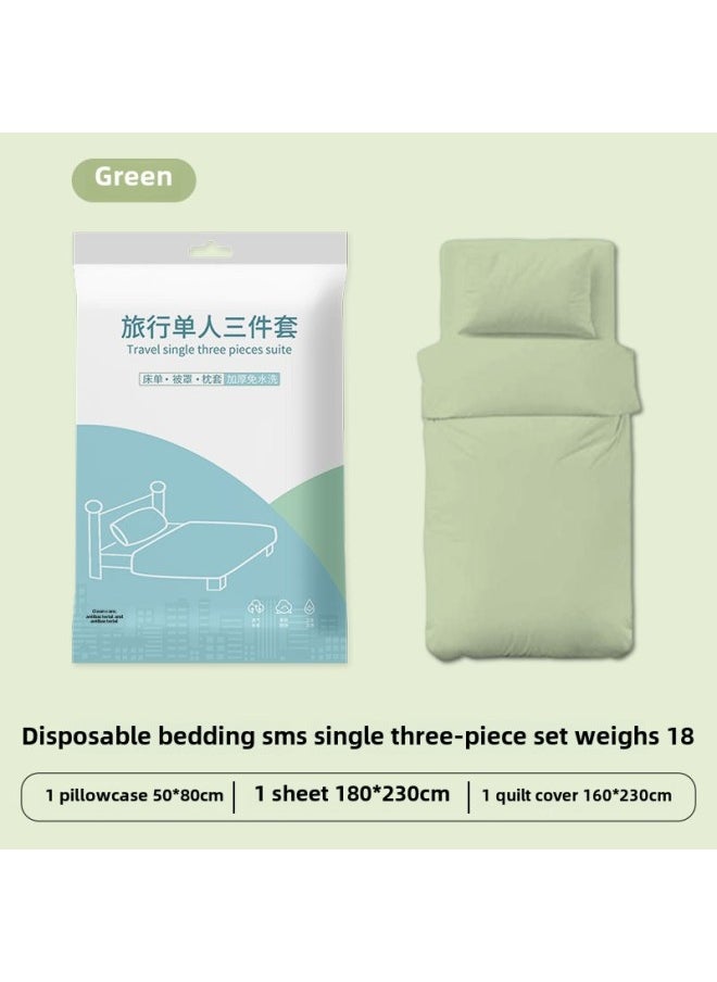 Generic Hotel Disposable Bed Sheet Four-piece Quilt Cover Pillowcase Quilt Cover Travel Travel Double Bed Supplies Dirty Thickened-Color:Single Green Three-piece Set  - Image 1