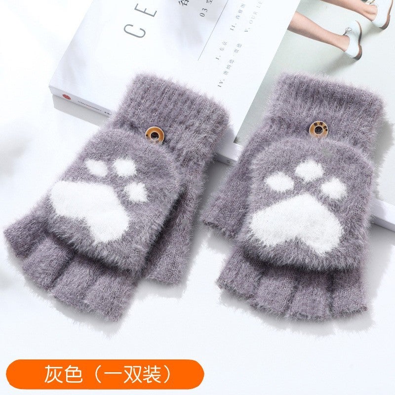 Cats Claw Gloves Womens Winter Warm fleece-lined Thickened Student Trendy Writing Cycling Cute Knitted Half Finger Flip Cover Gloves Cat claw gray