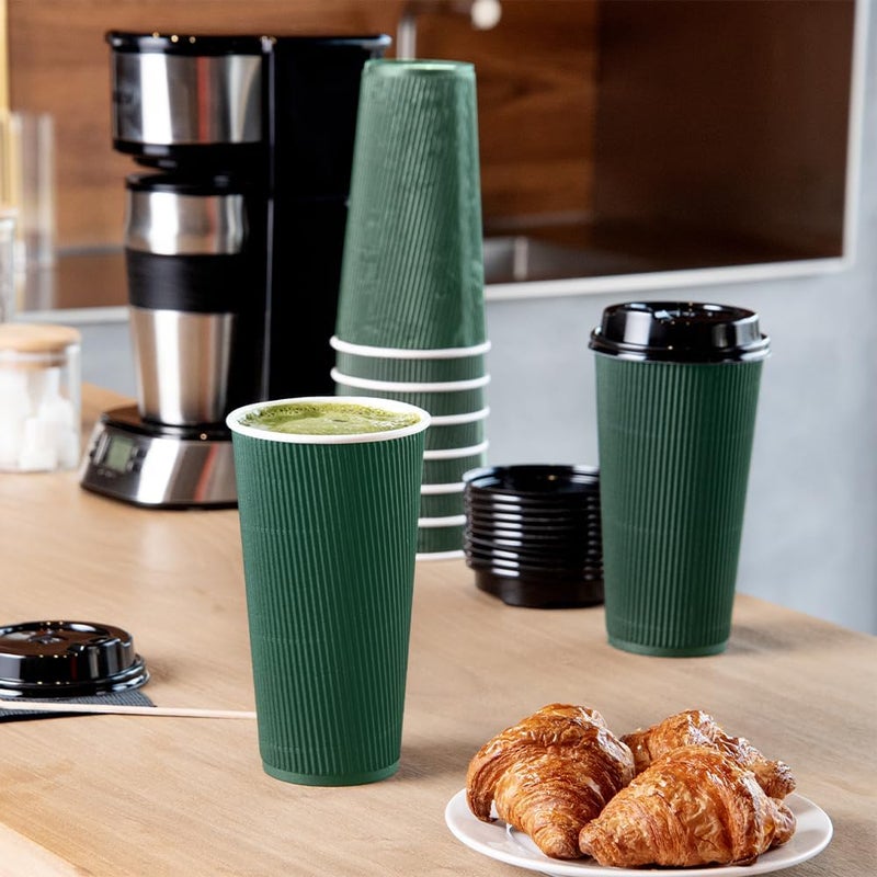 Restaurantware 20 Ounce Paper Coffee Cups, 250 Ripple Wall Disposable Paper Cups - Leakproof, Recyclable, Forest Green Paper Hot Cups, Insulated, Matching Lids Sold Separately - - Image 2