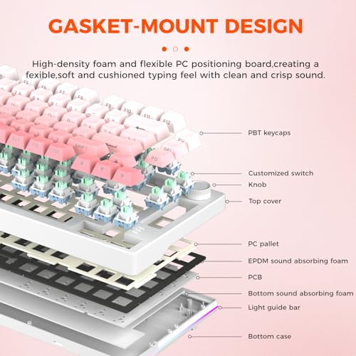 DAREU EK75PRO Sakura Pink Wireless Mechanical Keyboard,75% Hot Swap Creamy Gaming Keyboard with Knob,RGB Backlit,Gasket Custom Structure,Side Printed PBT Keycaps,2.4Ghz/BT5.1/USB-C, for Win/MAC - Image 3