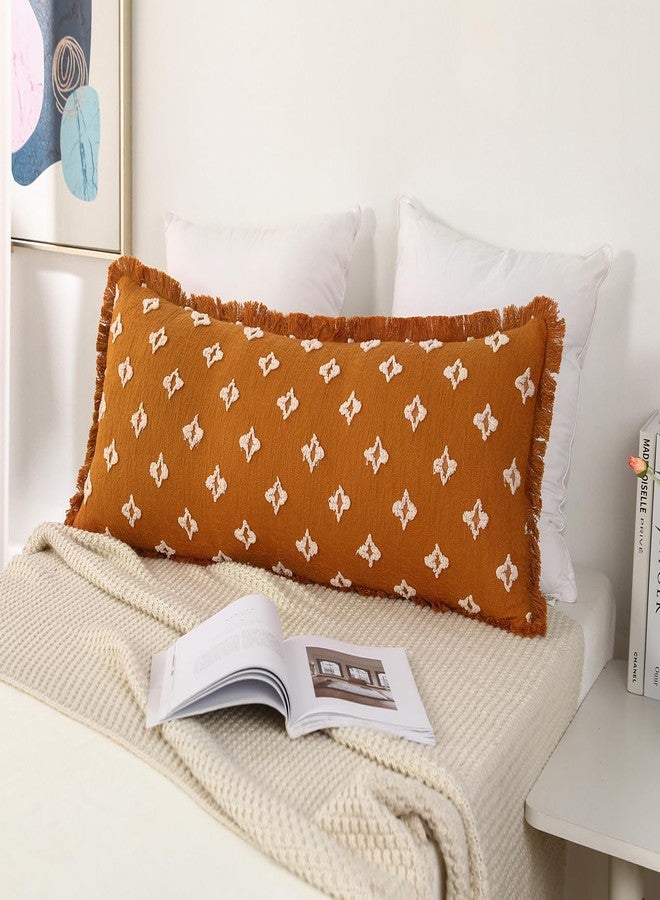 DRNOU Boho Long Lumbar Pillow Cover 14x48 with Tassel Fringe,3D Flower Patterned Extra Decorative Long Lumbar Pillow Cover Case for Sofa Couch Bed Livingroom Farmhouse,Rust Red - Image 3