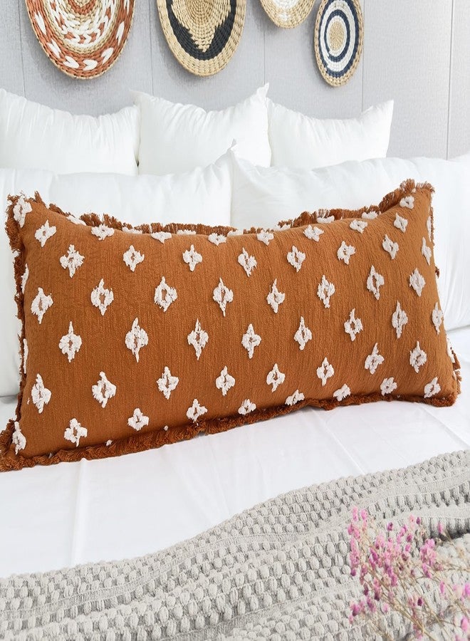 DRNOU Boho Long Lumbar Pillow Cover 14x48 with Tassel Fringe,3D Flower Patterned Extra Decorative Long Lumbar Pillow Cover Case for Sofa Couch Bed Livingroom Farmhouse,Rust Red - Image 2