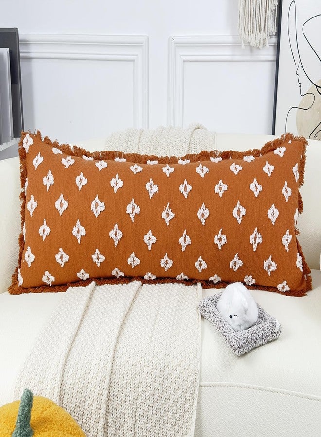 DRNOU Boho Long Lumbar Pillow Cover 14x48 with Tassel Fringe,3D Flower Patterned Extra Decorative Long Lumbar Pillow Cover Case for Sofa Couch Bed Livingroom Farmhouse,Rust Red - Image 4