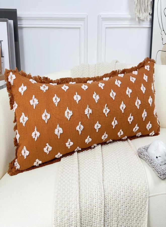 DRNOU Boho Long Lumbar Pillow Cover 14x48 with Tassel Fringe,3D Flower Patterned Extra Decorative Long Lumbar Pillow Cover Case for Sofa Couch Bed Livingroom Farmhouse,Rust Red - Image 1