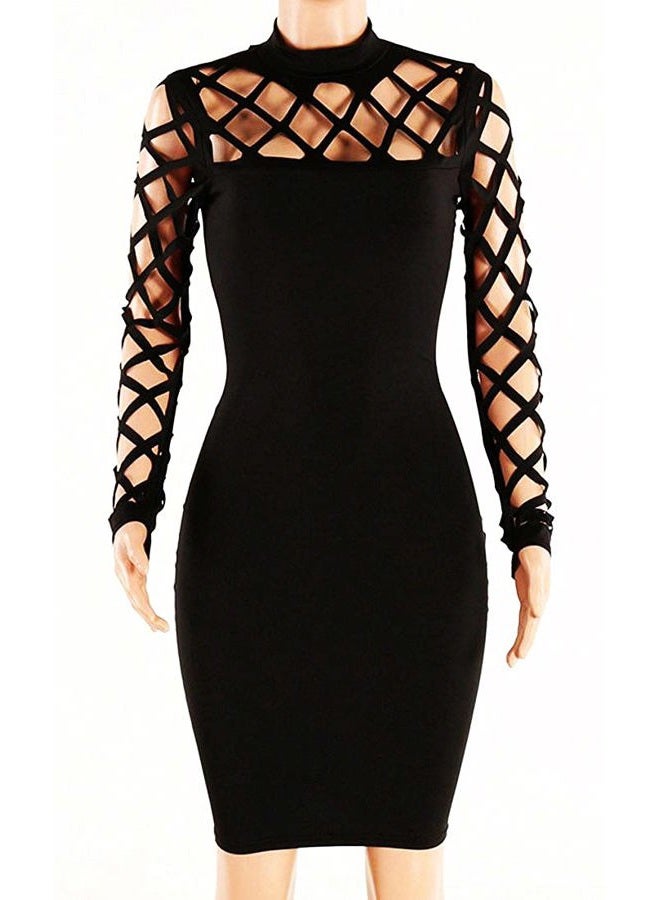 AMiERY Women's Hollow Out Dress Bandage Clubwear Long Sleeve Bodycon Dresses, Black, M - Image 3