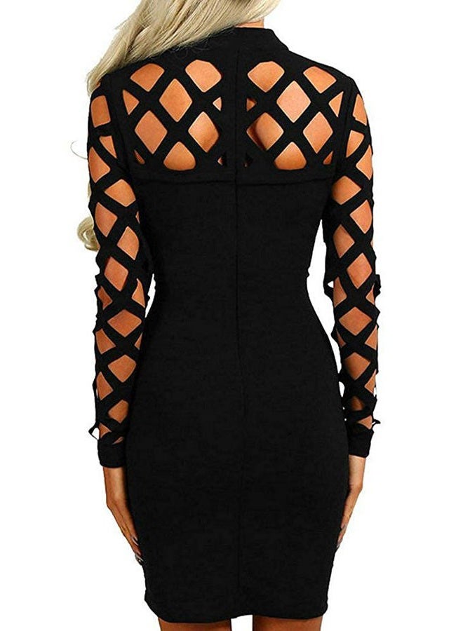 AMiERY Women's Hollow Out Dress Bandage Clubwear Long Sleeve Bodycon Dresses, Black, M - Image 2