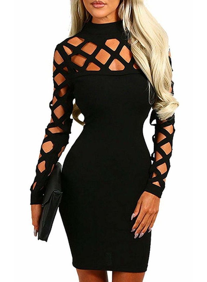 AMiERY Women's Hollow Out Dress Bandage Clubwear Long Sleeve Bodycon Dresses, Black, M - Image 1