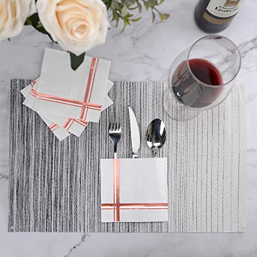Fanxyware Rose Gold on White Cocktail Napkins - 100 Pack, 5" x 5", 3-Ply Paper - Style Name: Blissful Crossing - Image 2