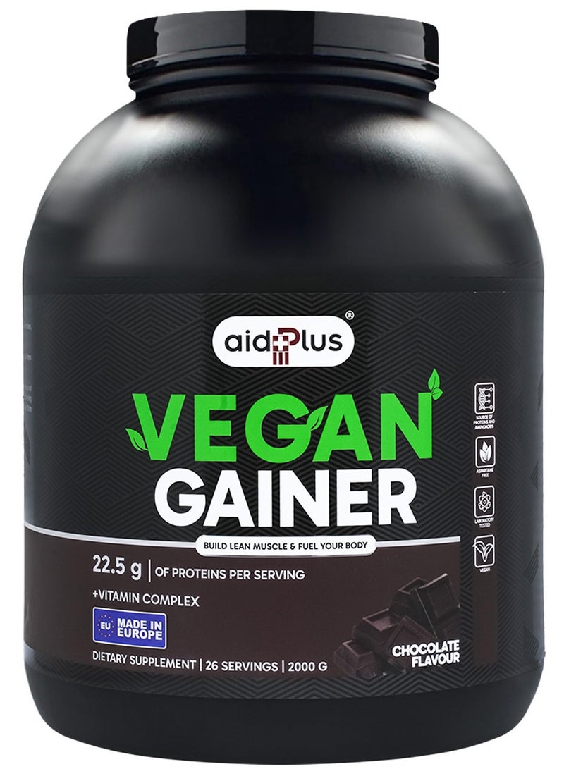 AID PLUS مكمل فيغان غاينر بالشوكولاتة، 2000غ | 75غ بروتين لكل حصة | مع الفيتامينات والمعادن والمكونات النباتية | مكمل غاينر نباتي عالي الطاقة - Image 1