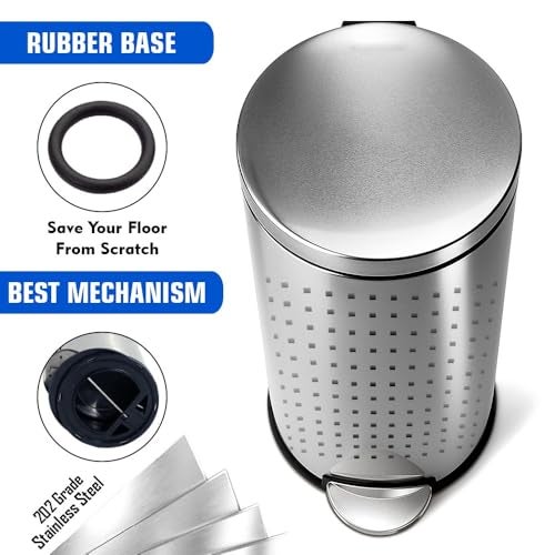 Mofna Stainless Steel Perforated Dustbin with Pedal, Trash Can, Wastebasket, Garbage Bin for Home, Office, Bathroom, Bedroom, Toilet, Outdoor, Indoor and Kitchen, (8x12 In -7 Liter, Silver), Pack of 1 - Image 3