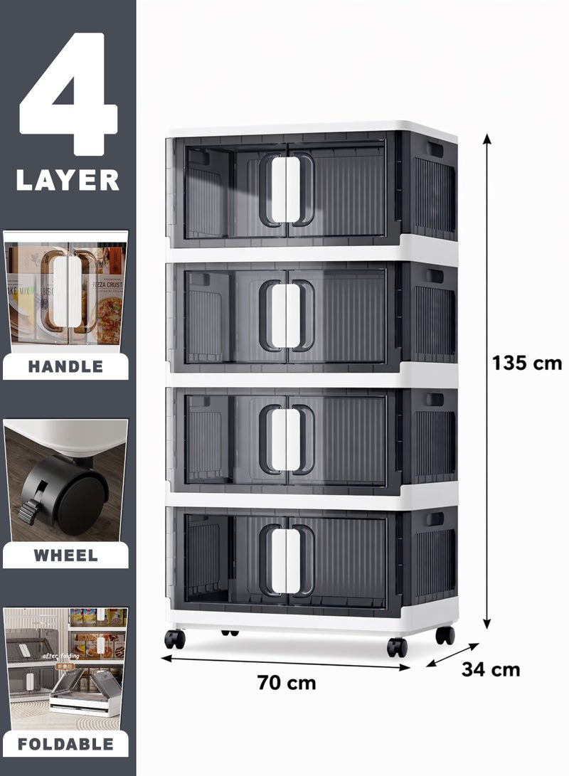 Toshionics 4 Tier Plastic Storage Cabinet – 70x34x135 cm - Multi-Layer Foldable Portable Storage Bins with Rolling Wheels, Collapsible, Stackable Clothes Organizer with Magnetic Double-doors Transparent Plastic Closet Quilt Organizer with Secure Lids and Lockable Casters Home Storage Box for Clothes, Kitchen, Pantries, Utensils, Cupboard for Toys, Snacks - Home Decor Organizer, Office Supplies, Bedroom, Bathroom Toiletries and Amenities Versatile Spacious Storage Rack- Available in Various Sizes and Layers - Image 1