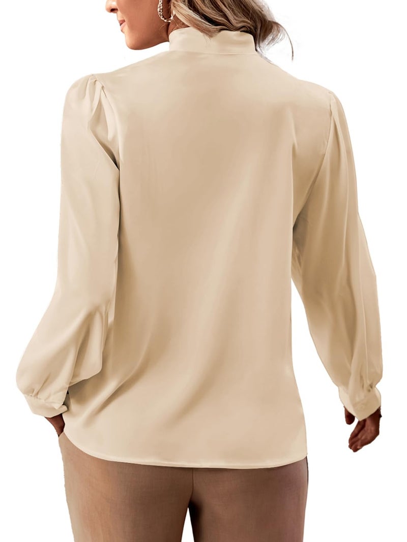 Rooscier Women's Bow Tie Neck Long Sleeve Buttton Cuff Chiffon Elegant Blouse Dark Beige Medium - Image 2