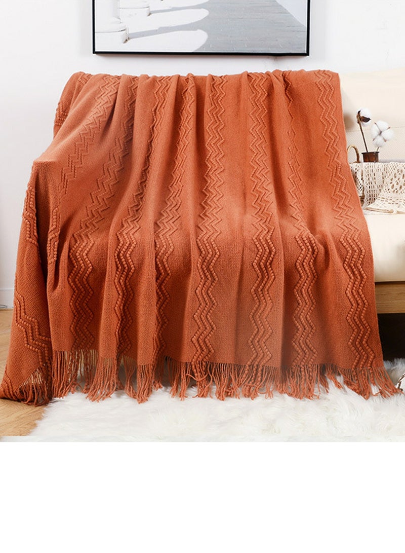 Loquat Solid Color Textured Tassel Design Knitted Soft Throw Blanket Dark Orange - Image 1
