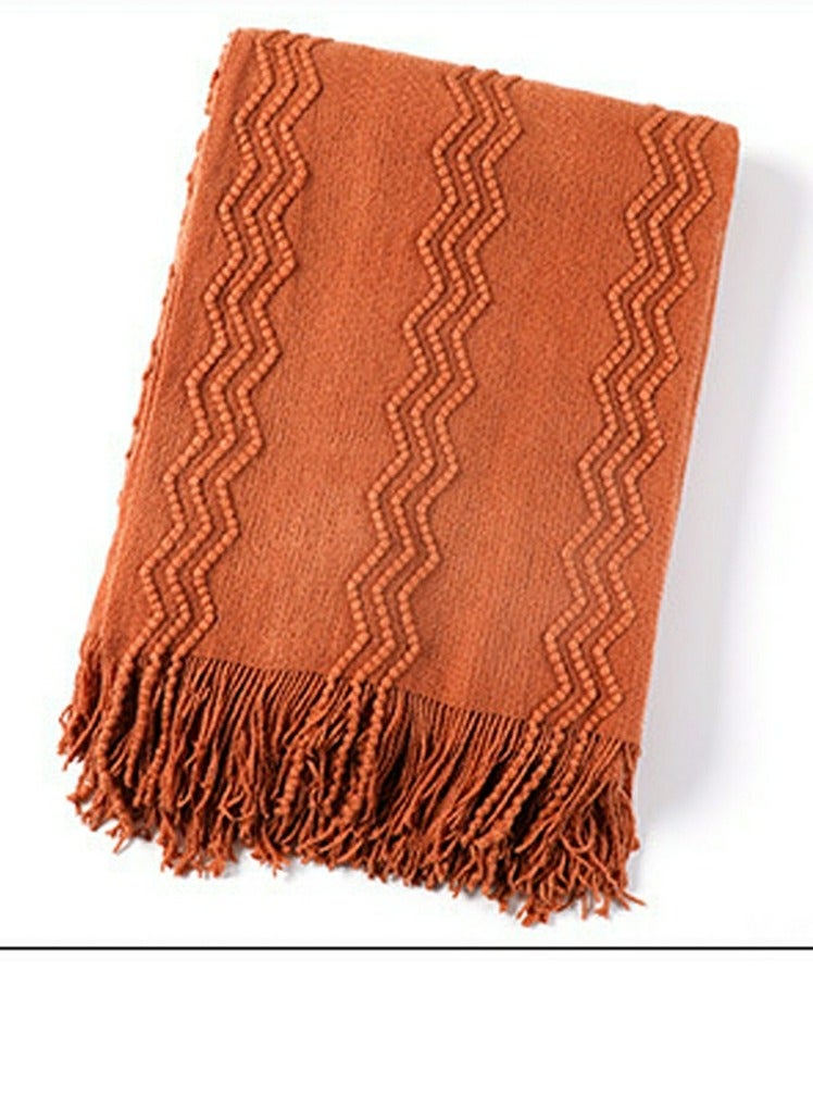 Loquat Solid Color Textured Tassel Design Knitted Soft Throw Blanket Dark Orange - Image 2