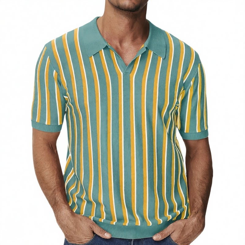 Men's Striped Knit Polo Shirt Short Sleeve Slim Fit Casual Top
