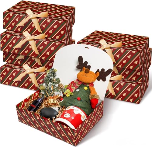 SWANGSA 8 Set Christmas Gift Box with Lids 106x8x3 Kraft Paper Gift Box Christmas Tree Present Candy Cookie Boxes with Ribbon and 60pcs Adhesive Dots for Holiday Party Favor Supplies - Image 1
