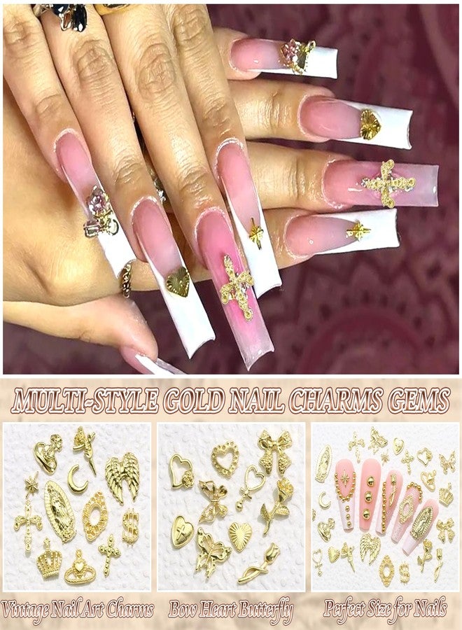 BELICEY 320Pcs 3D Gold Nail Charms, Mix Styles Cross Rose Bow Heart Nail Charms and Gems, Alloy Crown Virgin Mary Charms for Acrylic Nails, Shiny Golden Pearls Studs for Nails Design Manicure Crafts - Image 3