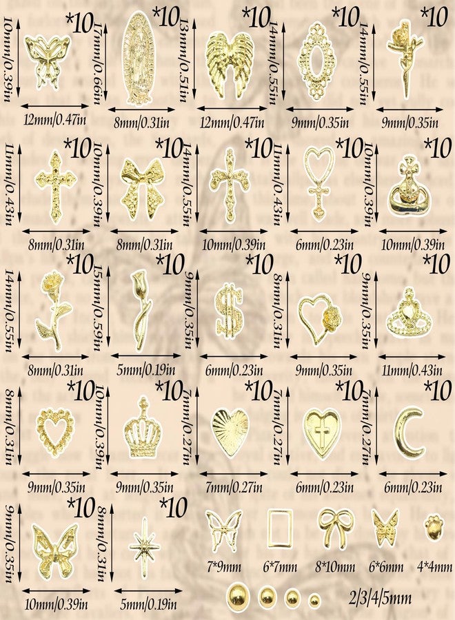 BELICEY 320Pcs 3D Gold Nail Charms, Mix Styles Cross Rose Bow Heart Nail Charms and Gems, Alloy Crown Virgin Mary Charms for Acrylic Nails, Shiny Golden Pearls Studs for Nails Design Manicure Crafts - Image 2