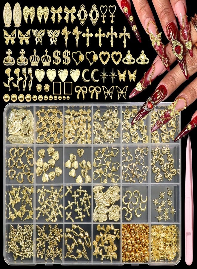 BELICEY 320Pcs 3D Gold Nail Charms, Mix Styles Cross Rose Bow Heart Nail Charms and Gems, Alloy Crown Virgin Mary Charms for Acrylic Nails, Shiny Golden Pearls Studs for Nails Design Manicure Crafts - Image 1
