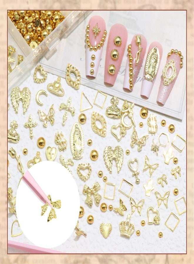 BELICEY 320Pcs 3D Gold Nail Charms, Mix Styles Cross Rose Bow Heart Nail Charms and Gems, Alloy Crown Virgin Mary Charms for Acrylic Nails, Shiny Golden Pearls Studs for Nails Design Manicure Crafts - Image 5