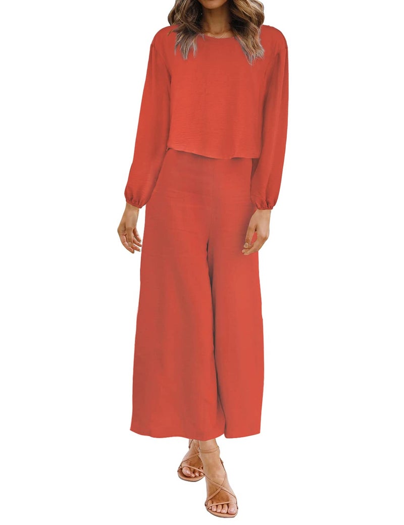 ROYLAMP Women's 2 Piece Outfits Long Sleeve Round Neck Crop Top Cropped Wide Leg Pants Set Jumpsuits Orange S - Image 2