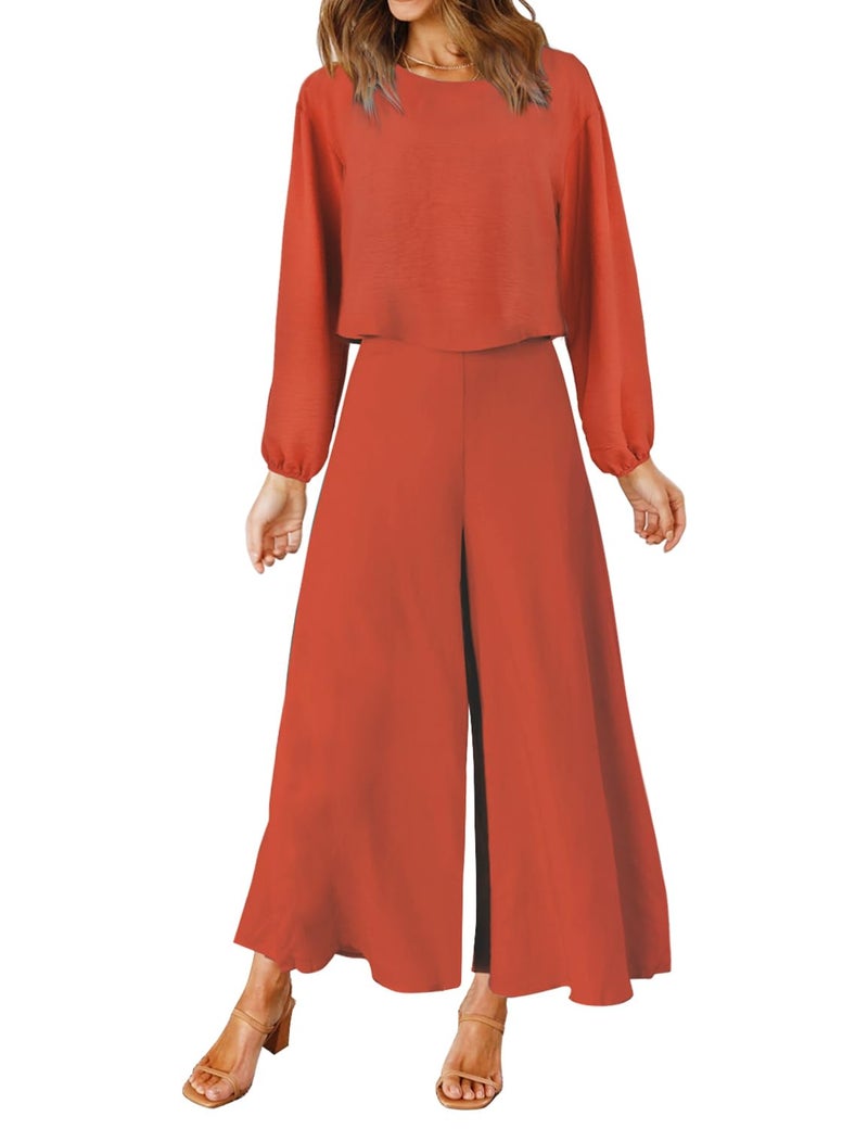 ROYLAMP Women's 2 Piece Outfits Long Sleeve Round Neck Crop Top Cropped Wide Leg Pants Set Jumpsuits Orange S - Image 1