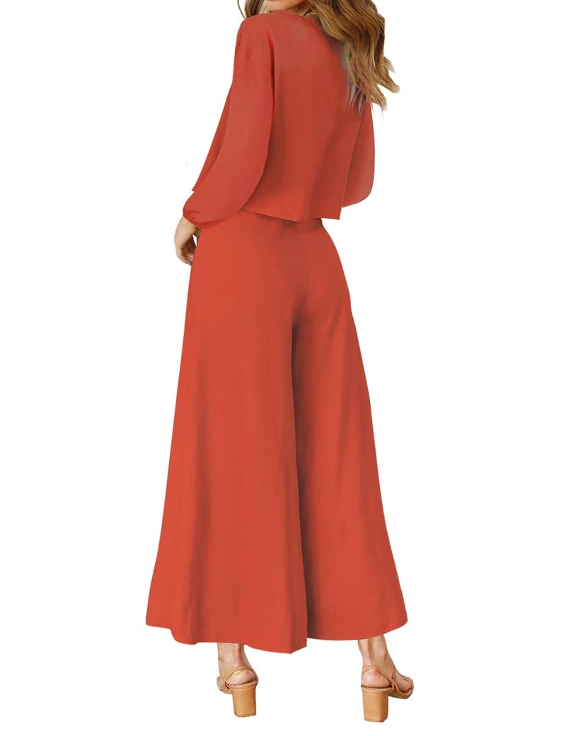ROYLAMP Women's 2 Piece Outfits Long Sleeve Round Neck Crop Top Cropped Wide Leg Pants Set Jumpsuits Orange S - Image 3