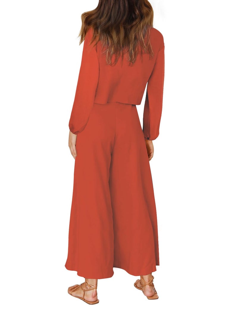 ROYLAMP Women's 2 Piece Outfits Long Sleeve Round Neck Crop Top Cropped Wide Leg Pants Set Jumpsuits Orange S - Image 4