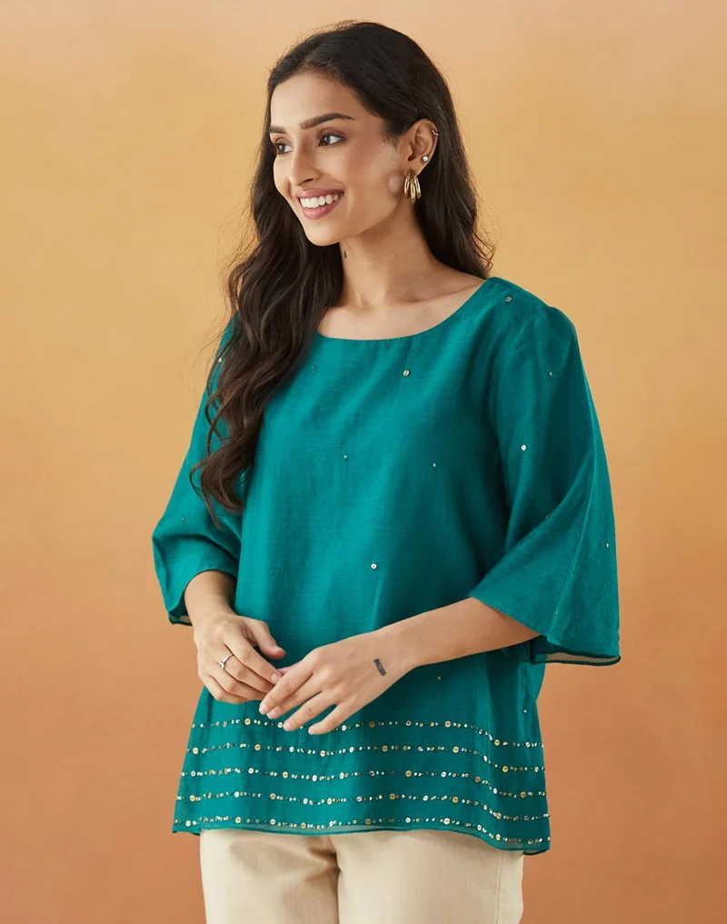 Fabindia Green Cotton Silk Embroidered Top