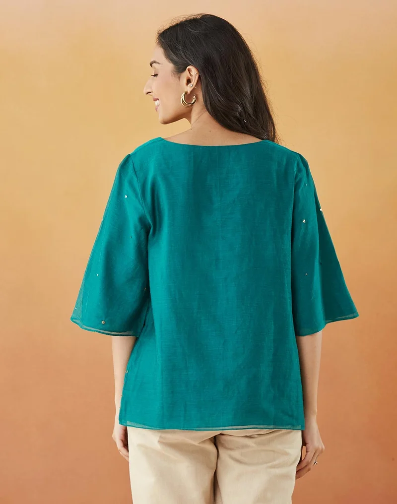 Fabindia Green Cotton Silk Embroidered Top