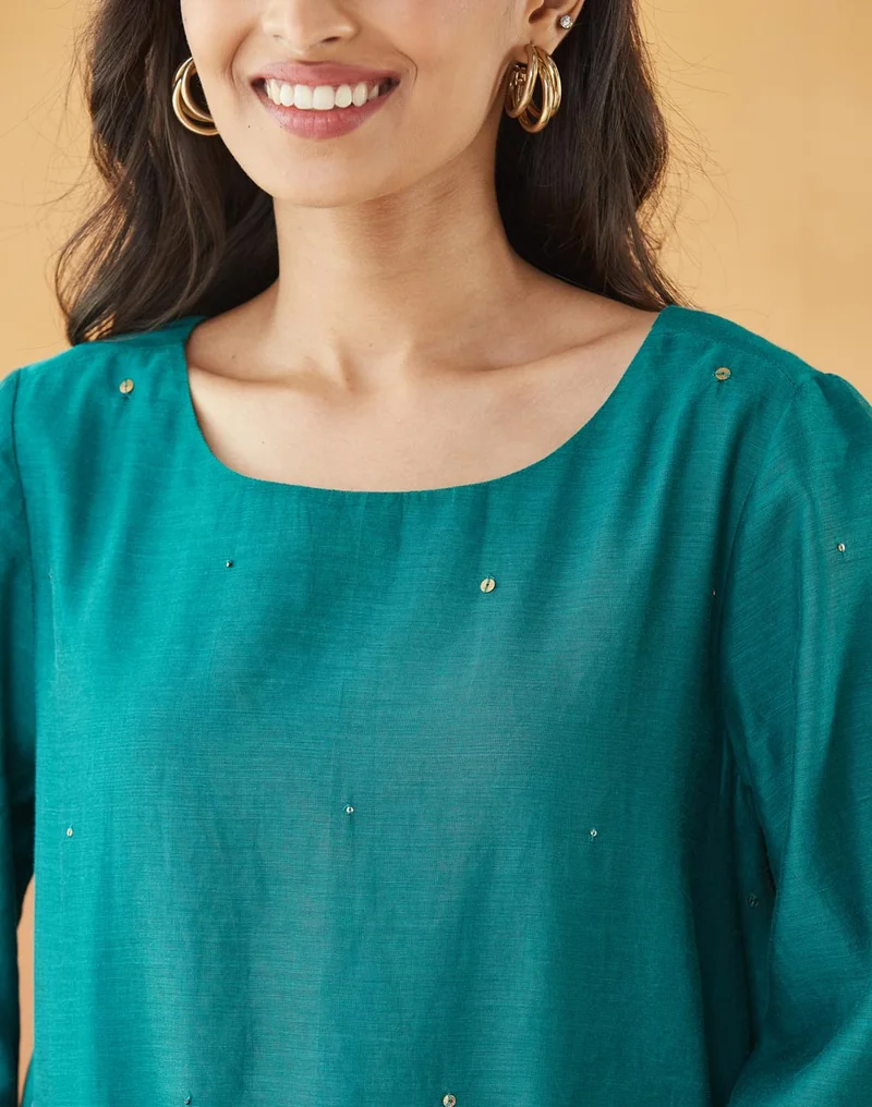 Fabindia Green Cotton Silk Embroidered Top