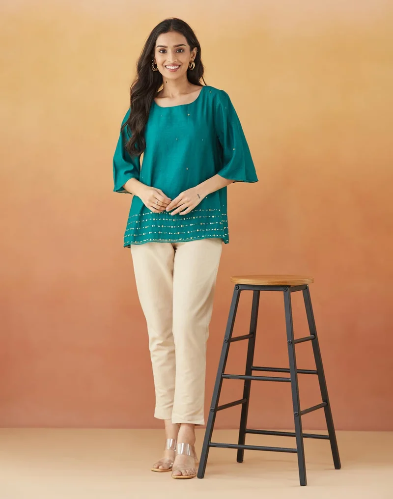Fabindia Green Cotton Silk Embroidered Top