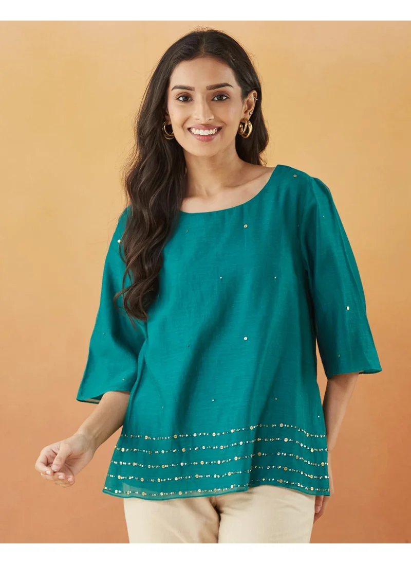 Fabindia Green Cotton Silk Embroidered Top
