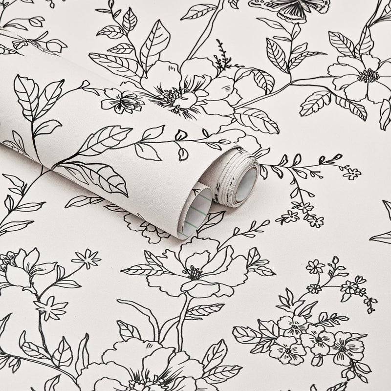 Theper Black and Cream White Floral Wallpaper Peel and Stick Wallpaper Boho 173197 Vintage Butterfly Flower Removable Self Adhesive Wall Paper for Bedroom Floral Contact Paper for Cabinets Vinyl Decor - Image 2