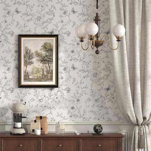 Theper Black and Cream White Floral Wallpaper Peel and Stick Wallpaper Boho 173197 Vintage Butterfly Flower Removable Self Adhesive Wall Paper for Bedroom Floral Contact Paper for Cabinets Vinyl Decor - Image 3