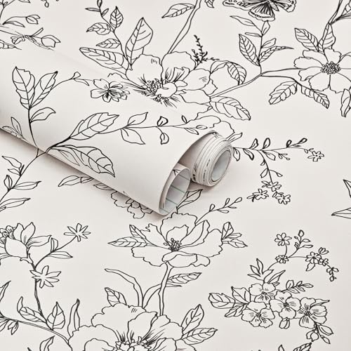 Theper Black and Cream White Floral Wallpaper Peel and Stick Wallpaper Boho 173197 Vintage Butterfly Flower Removable Self Adhesive Wall Paper for Bedroom Floral Contact Paper for Cabinets Vinyl Decor - Image 1