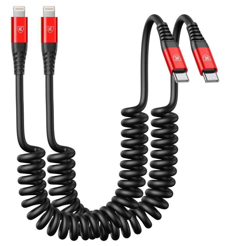 KIYODA USB C to Lightning Cable, 2Pack 3FT Coiled Fast Charger for Car Type C to Lightning Cable Cord Compatible with 14 13 12 11 Pro Max Xr Xs 8 7 Plus Carlay-Red - Image 1