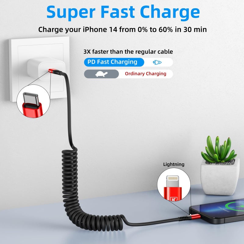 KIYODA USB C to Lightning Cable, 2Pack 3FT Coiled Fast Charger for Car Type C to Lightning Cable Cord Compatible with 14 13 12 11 Pro Max Xr Xs 8 7 Plus Carlay-Red - Image 2