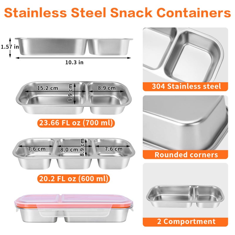 YJSLICT 4 Pack Stainless Steel Snack Containers with Lids, 3-Compartments Reusable Lunch Box for Adults, Food Storage Containers Divided Meal Prep Box for Home, Work, Travel - Image 2