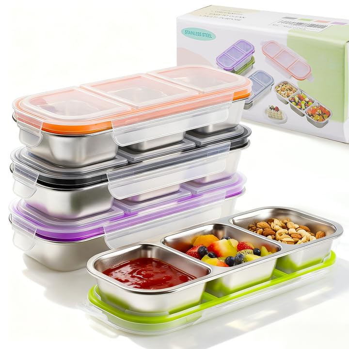 YJSLICT 4 Pack Stainless Steel Snack Containers with Lids, 3-Compartments Reusable Lunch Box for Adults, Food Storage Containers Divided Meal Prep Box for Home, Work, Travel - Image 1
