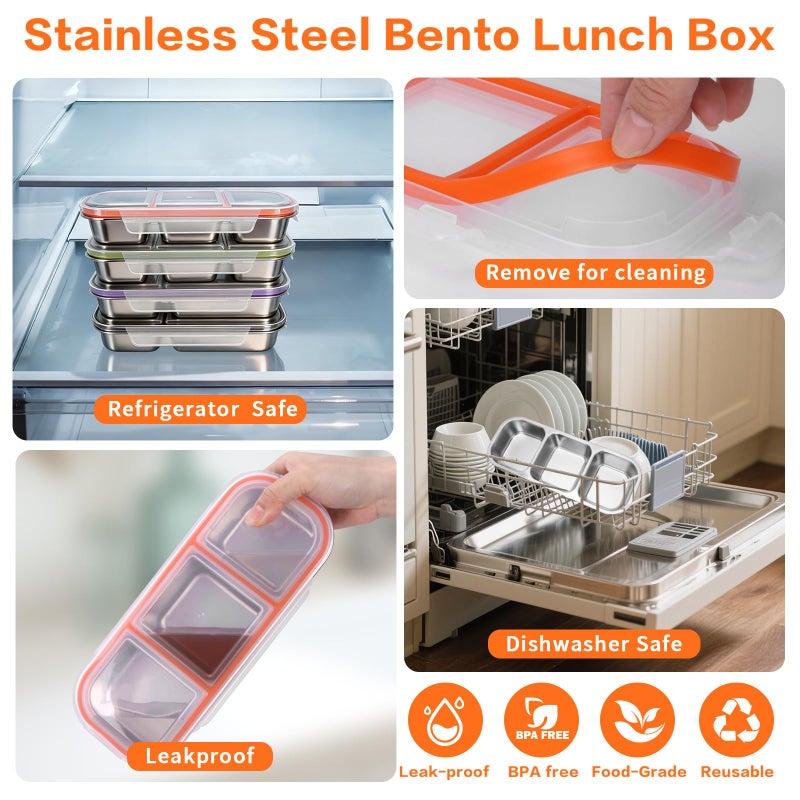 YJSLICT 4 Pack Stainless Steel Snack Containers with Lids, 3-Compartments Reusable Lunch Box for Adults, Food Storage Containers Divided Meal Prep Box for Home, Work, Travel - Image 5