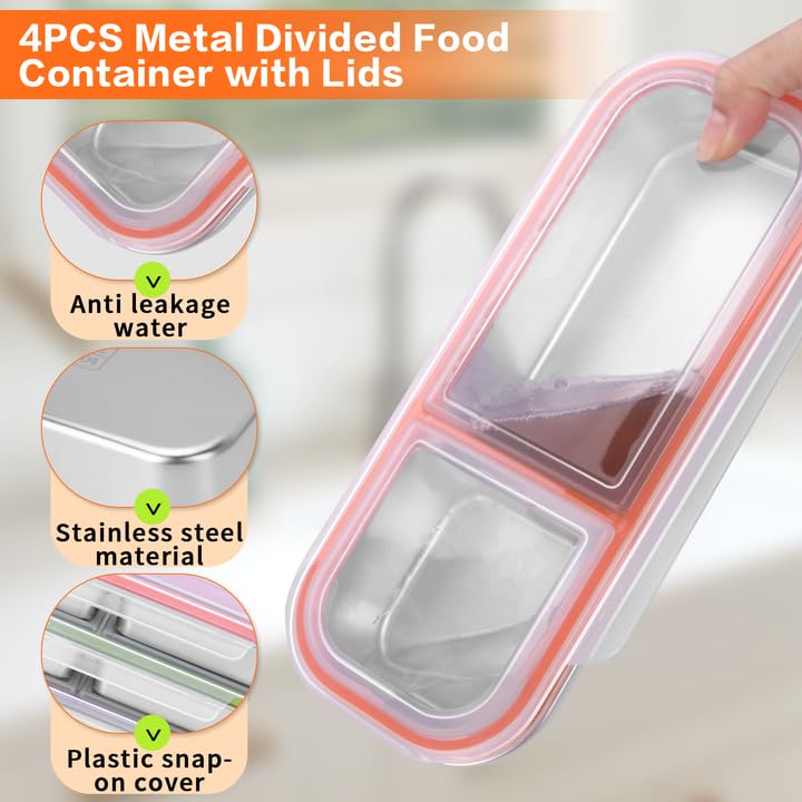 YJSLICT 4 Pack Stainless Steel Snack Containers with Lids, 3-Compartments Reusable Lunch Box for Adults, Food Storage Containers Divided Meal Prep Box for Home, Work, Travel - Image 3