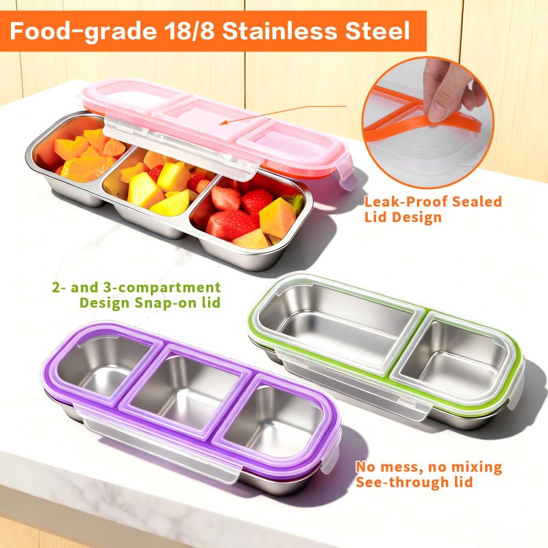 YJSLICT 4 Pack Stainless Steel Snack Containers with Lids, 3-Compartments Reusable Lunch Box for Adults, Food Storage Containers Divided Meal Prep Box for Home, Work, Travel - Image 4