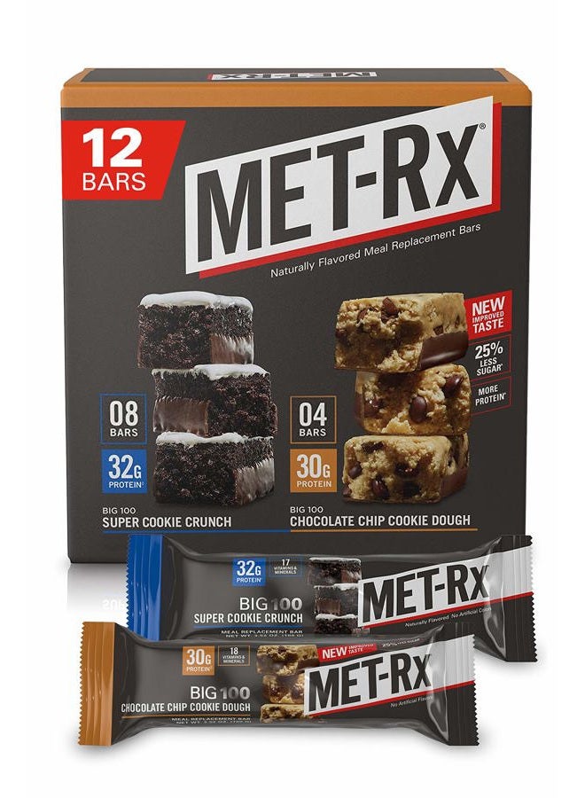 MET-Rx Big 100 Colossal Protein Bars, Healthy Meal Replacement Snack, Super Cookie Crunch and Chocolate Chip Cookie Dough Variety, 3.5oz bars (12 Count) - Image 1