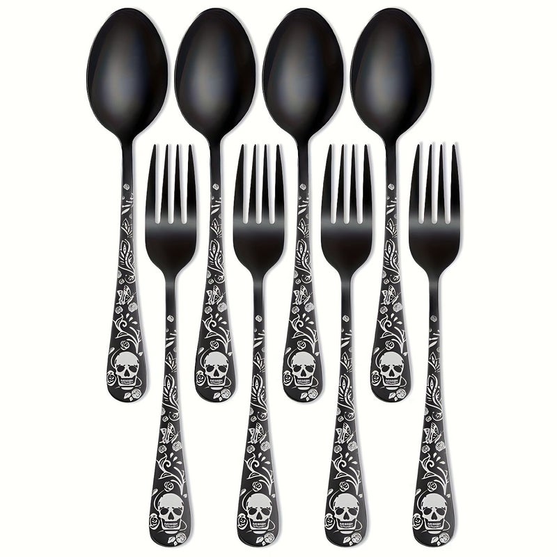12 Piece Gothic Black Stainless Steel Dinner Set Spoons Forks Skull Rose Design - Image 4