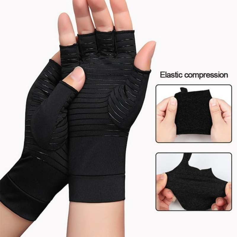 Copper Arthritis Compression Gloves Black M - Fingerless Design With Silicone Grip for Hand Pain Relief Rheumatoid Arthritis - Image 5