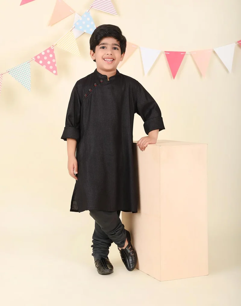 Fabindia Black Viscose Blend Dobby Long Kurta