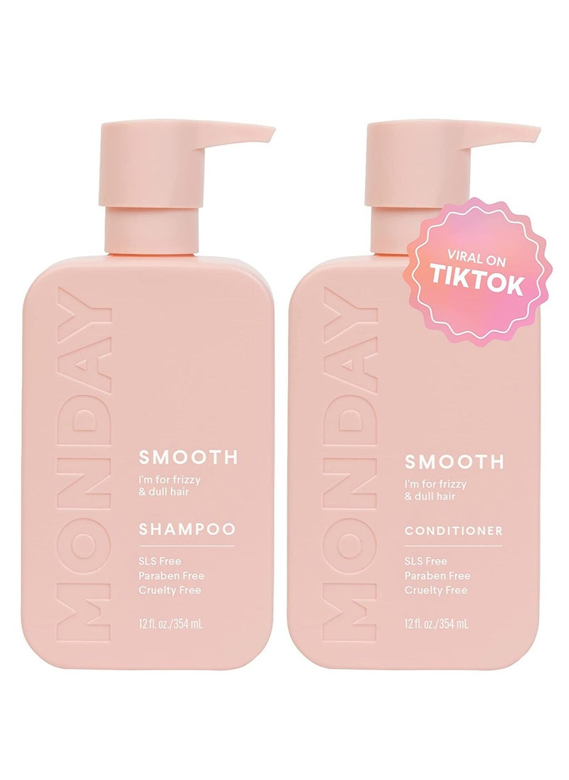 MONDAY Smooth Shampoo + Conditioner Bathroom Set (2 Pack) 354 ml 12oz Each for Frizzy, Coarse, and Curly Hair, Made from Coconut Oil, Shea Butter, & Vitamin E, 100% Recyclable Bottles  - Image 1